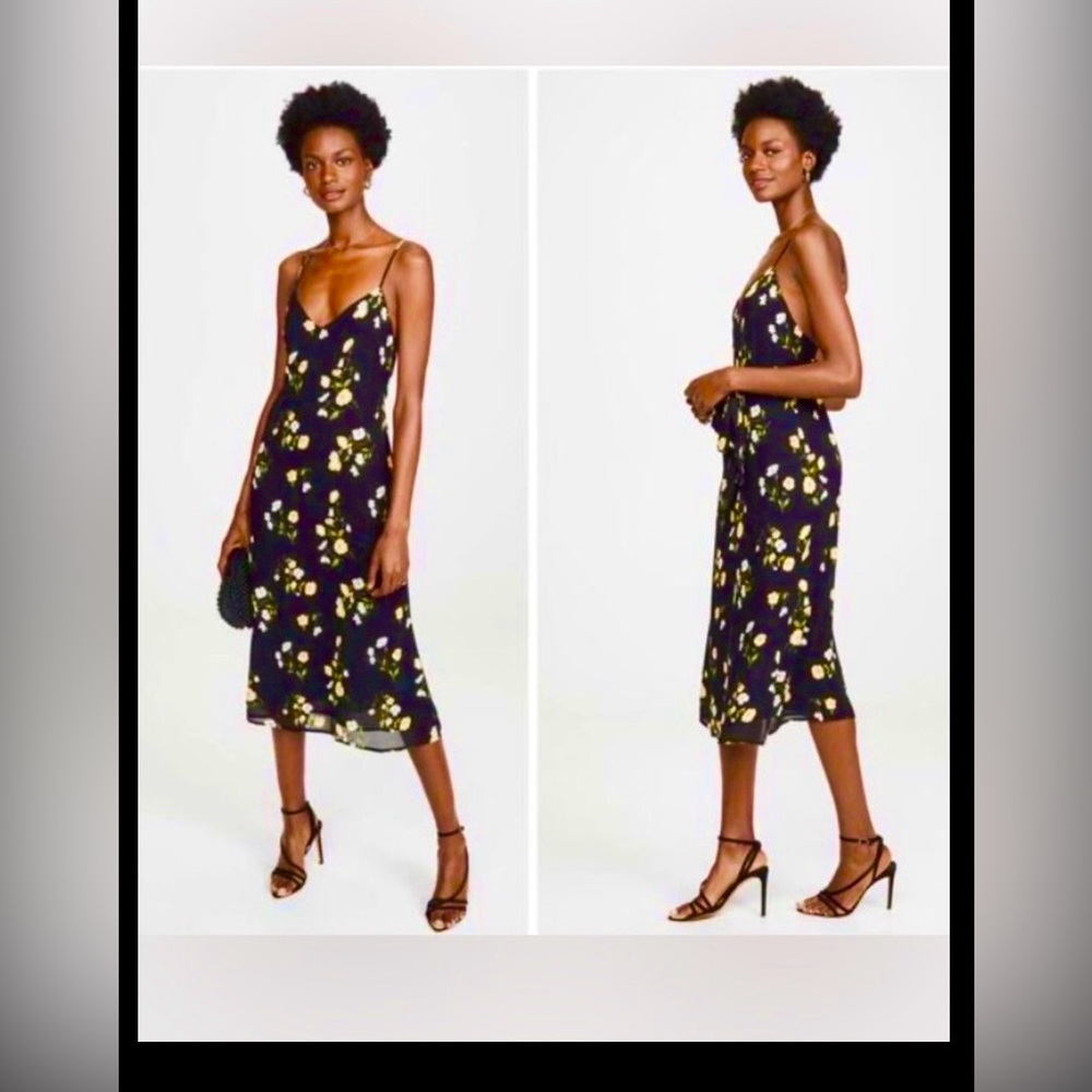 Reformation Dietrich Midi Slip Dress Low Cut in Yellow Floral on Black Size 2